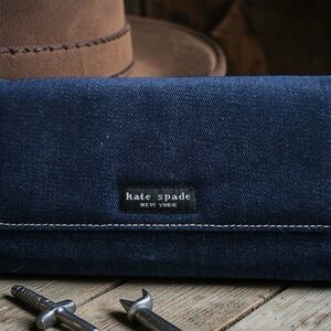 Kate Spade New York Navy Denim Trifold Wallet Canvas Snap Closure Card Holder